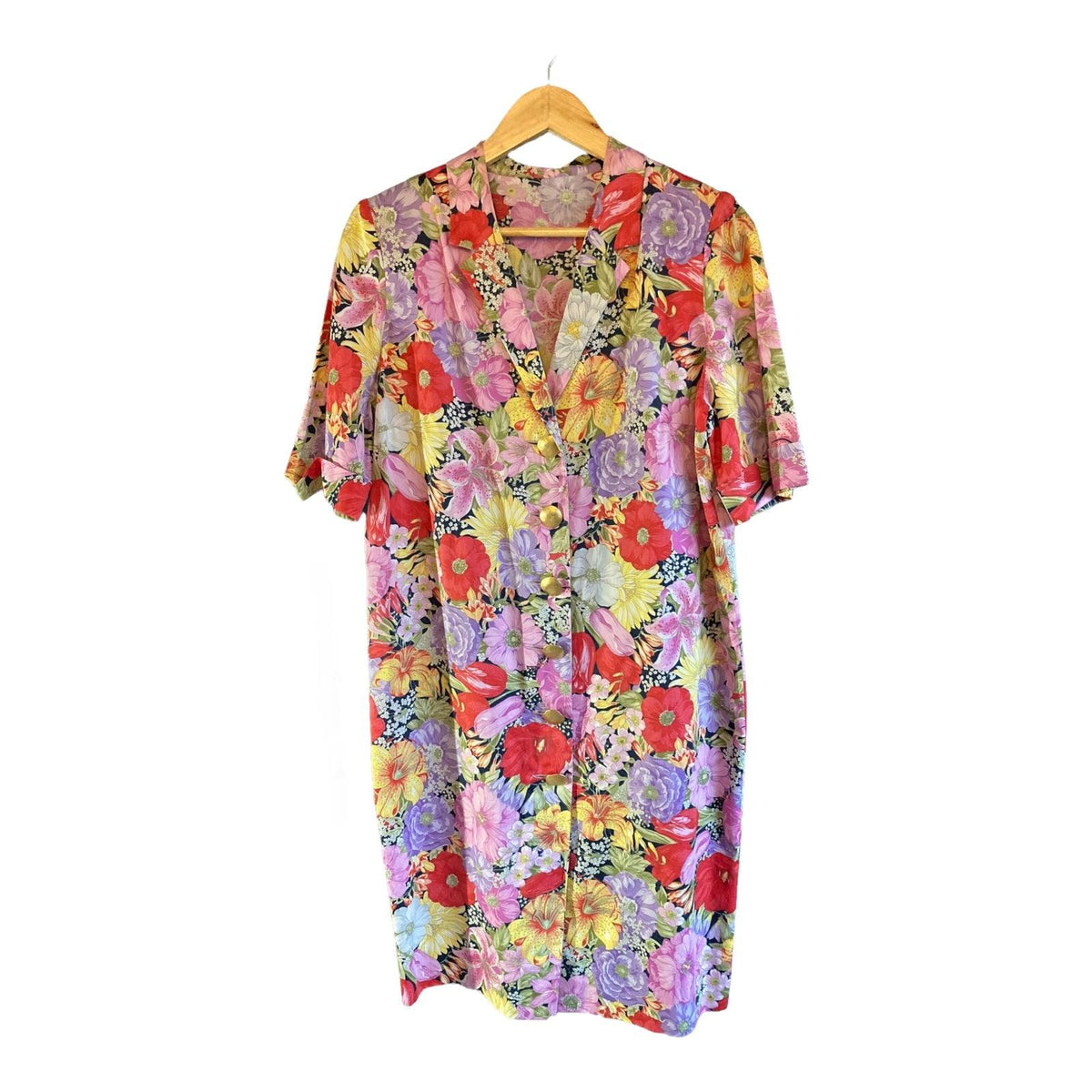 Vintage Cotton Red, Yellow And Purple Floral Short Sleeved Dress UK Size 16 - Ava & Iva
