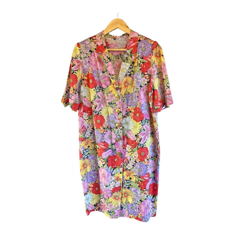 Vintage Cotton Red, Yellow And Purple Floral Short Sleeved Dress UK Size 16 - Ava & Iva