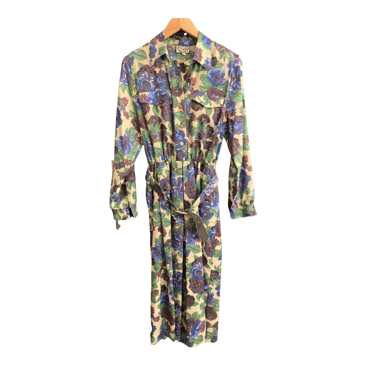Marion Donaldson Cotton Taupe And Blue Floral Long Sleeved Dress UK Size 14 - Ava & Iva