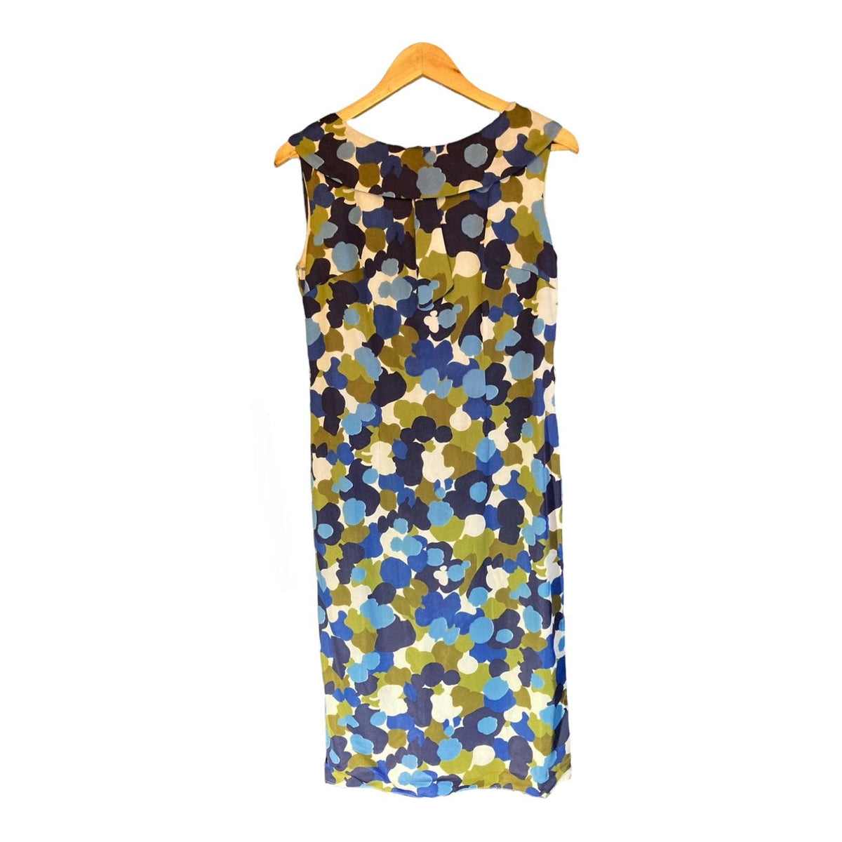 Vintage Blue, Khaki and White Patterned Sleeveless Dress UK Size 12 - Ava & Iva