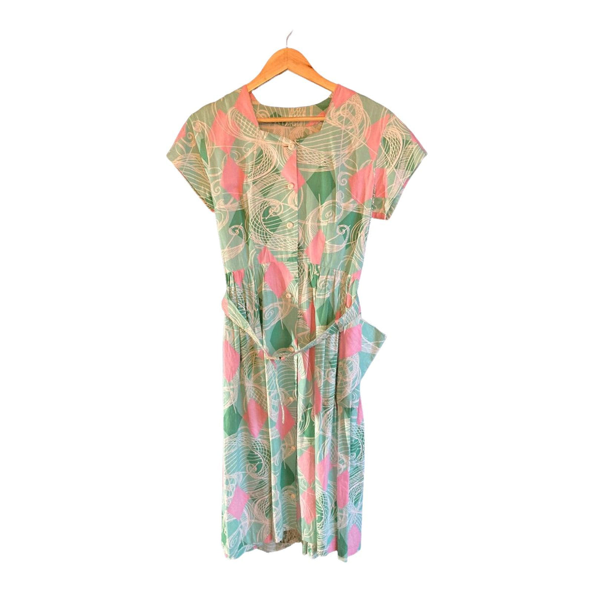 Vintage Cotton Mint Green And Pink Short Sleeved Dress UK Size 14 - Ava & Iva