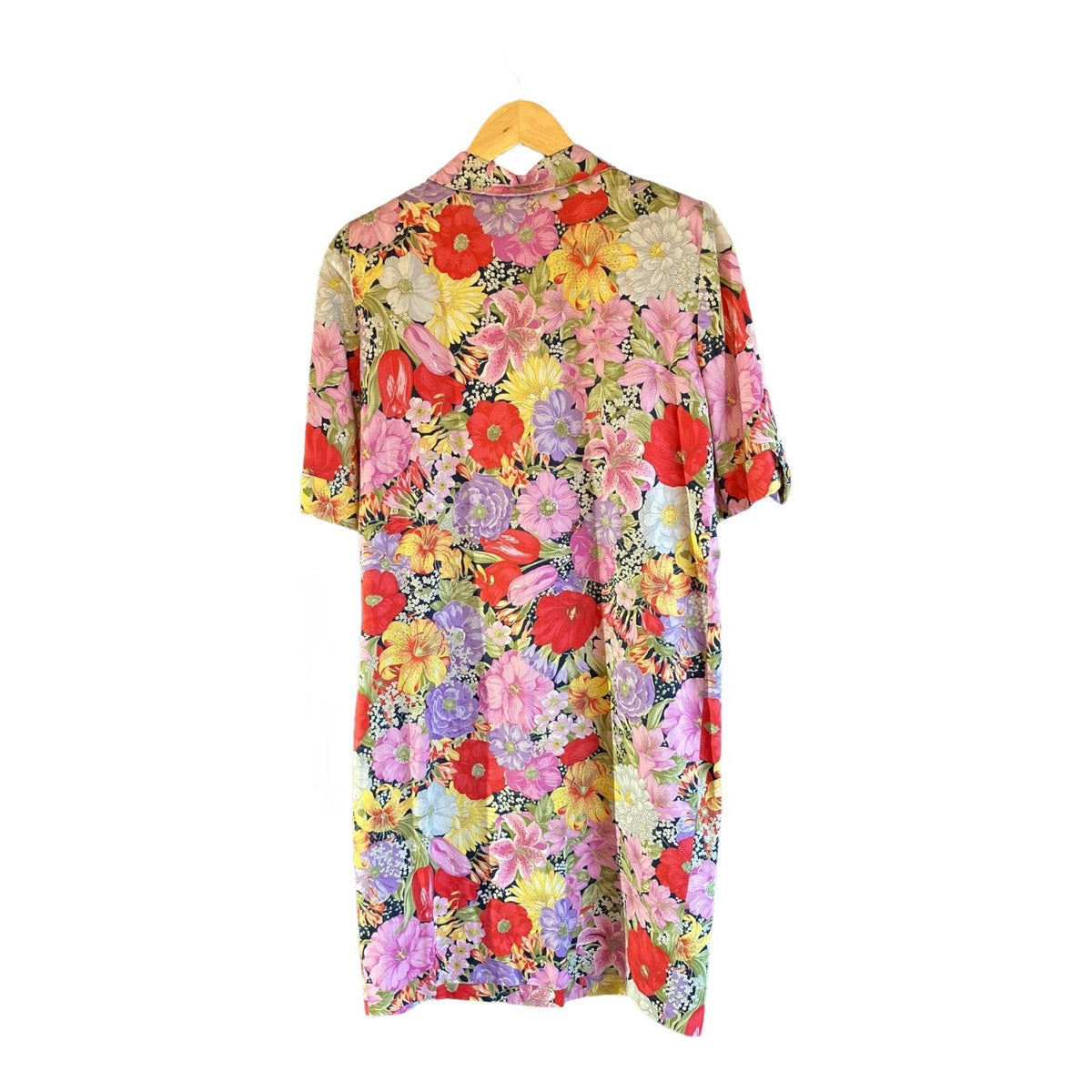 Vintage Cotton Red, Yellow And Purple Floral Short Sleeved Dress UK Size 16 - Ava & Iva