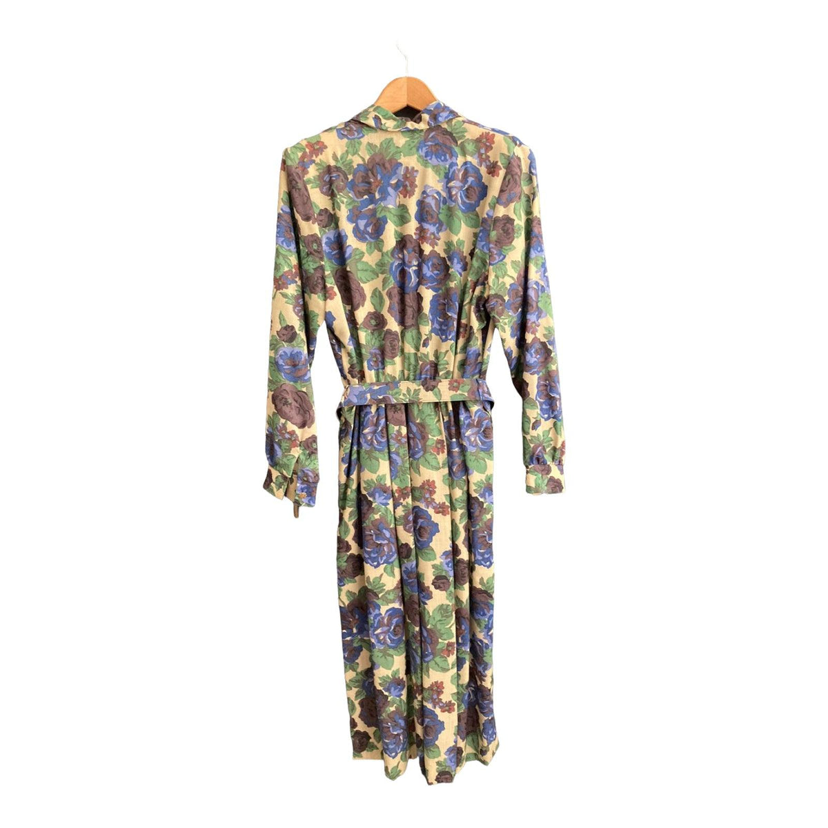 Marion Donaldson Cotton Taupe And Blue Floral Long Sleeved Dress UK Size 14 - Ava & Iva