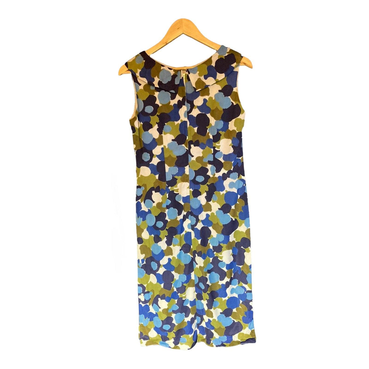 Vintage Blue, Khaki and White Patterned Sleeveless Dress UK Size 12 - Ava & Iva
