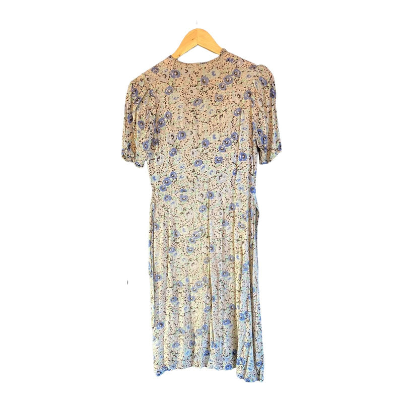 Vintage Cotton Cream And Baby Blue Floral Short Sleeved Dress UK Size 10 - Ava & Iva