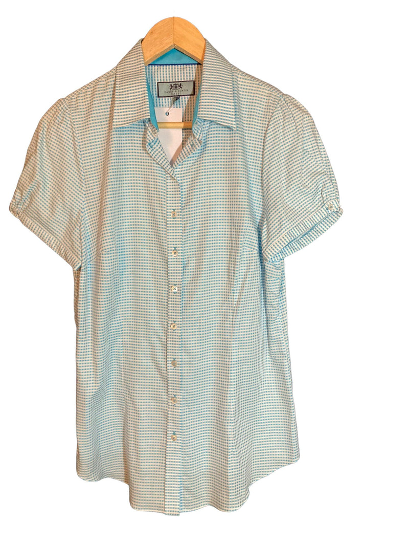 Hawes & Curtis Cotton Turquoise Blue Checked Fitted Short Sleeved Blouse UK Size 12 - Ava & Iva