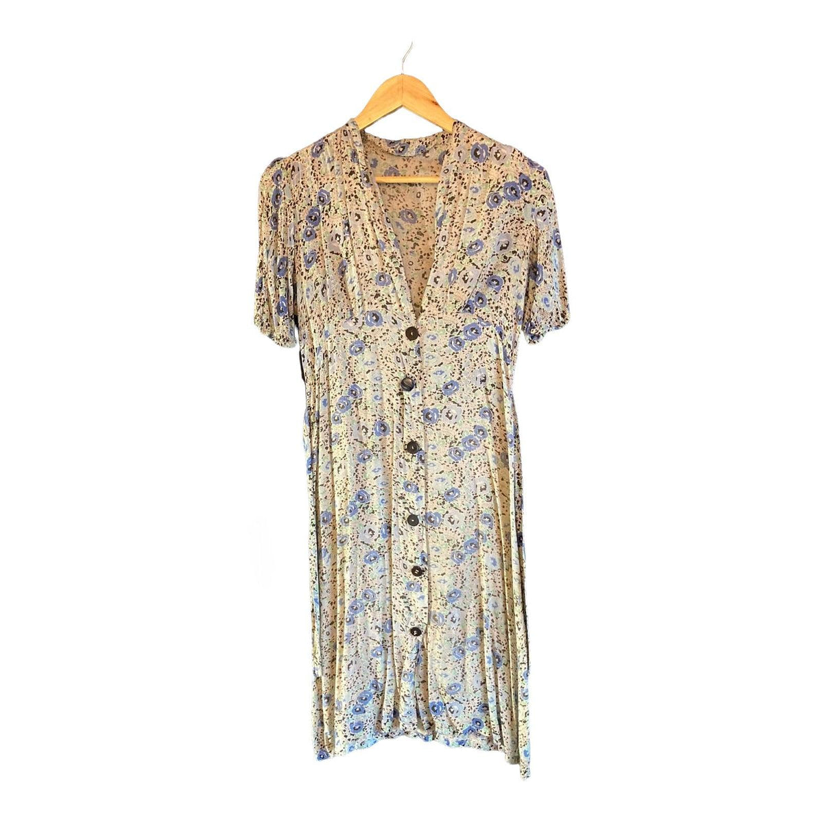 Vintage Cotton Cream And Baby Blue Floral Short Sleeved Dress UK Size 10 - Ava & Iva