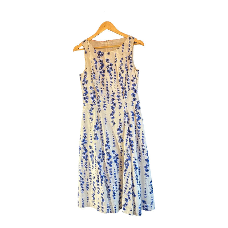 Vintage Cotton White And Blue Floral Sleeveless Dress UK Size 12 - Ava & Iva