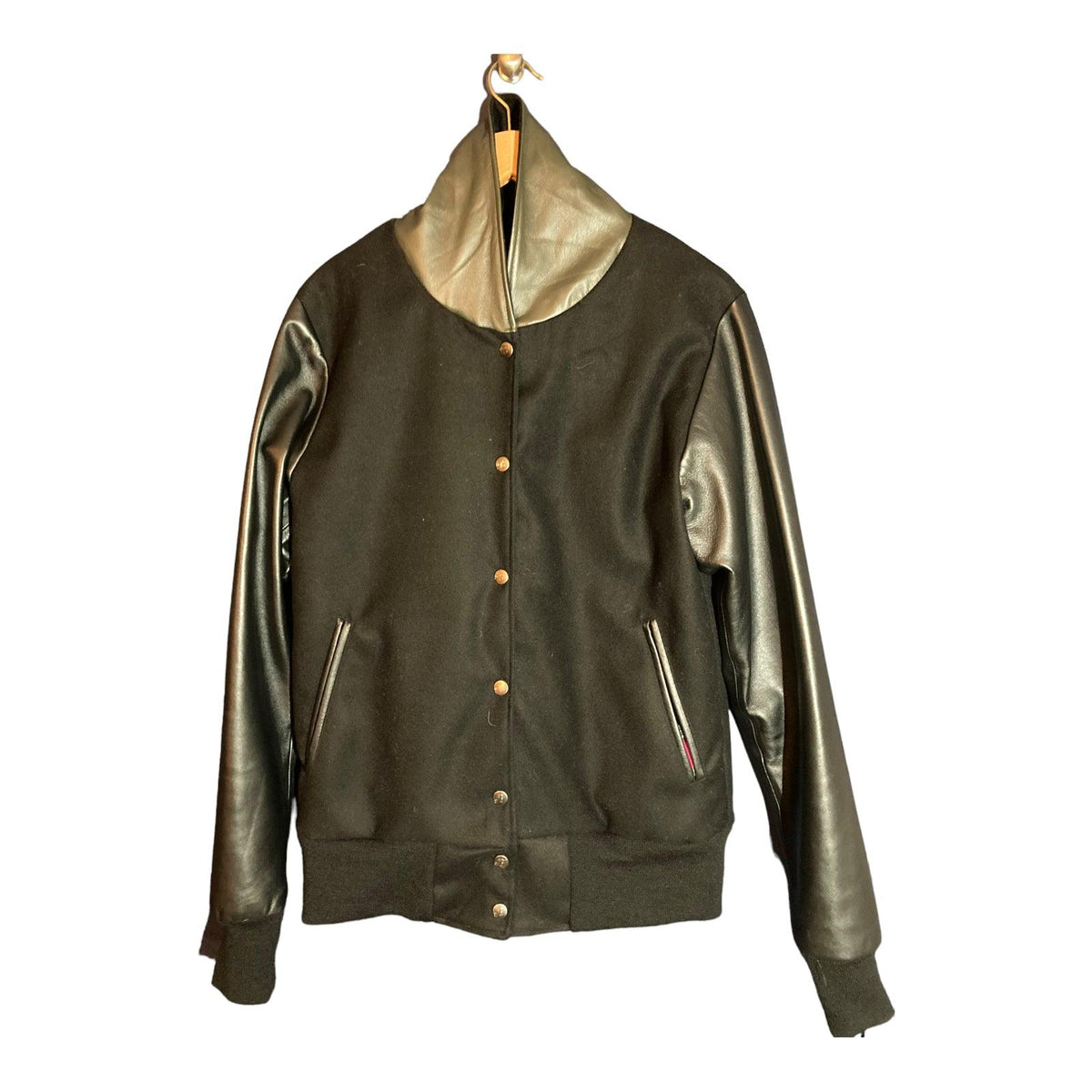 Vintage Wool & Leather Black Bomber Style Long Sleeved Jacket UK Size S/M - Ava & Iva