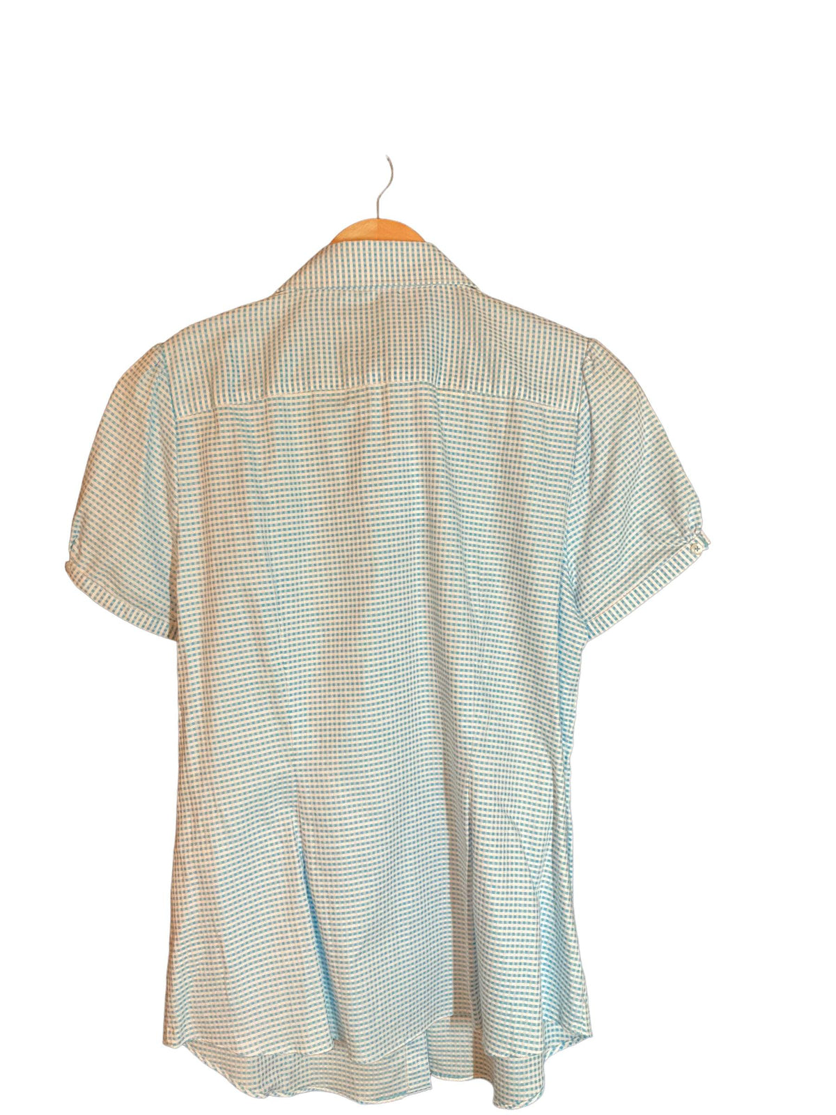 Hawes & Curtis Cotton Turquoise Blue Checked Fitted Short Sleeved Blouse UK Size 12 - Ava & Iva