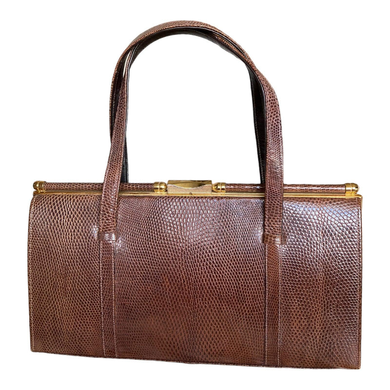 Vintage Genuine Lizard Brown Fixed Handle Handbag - Ava & Iva