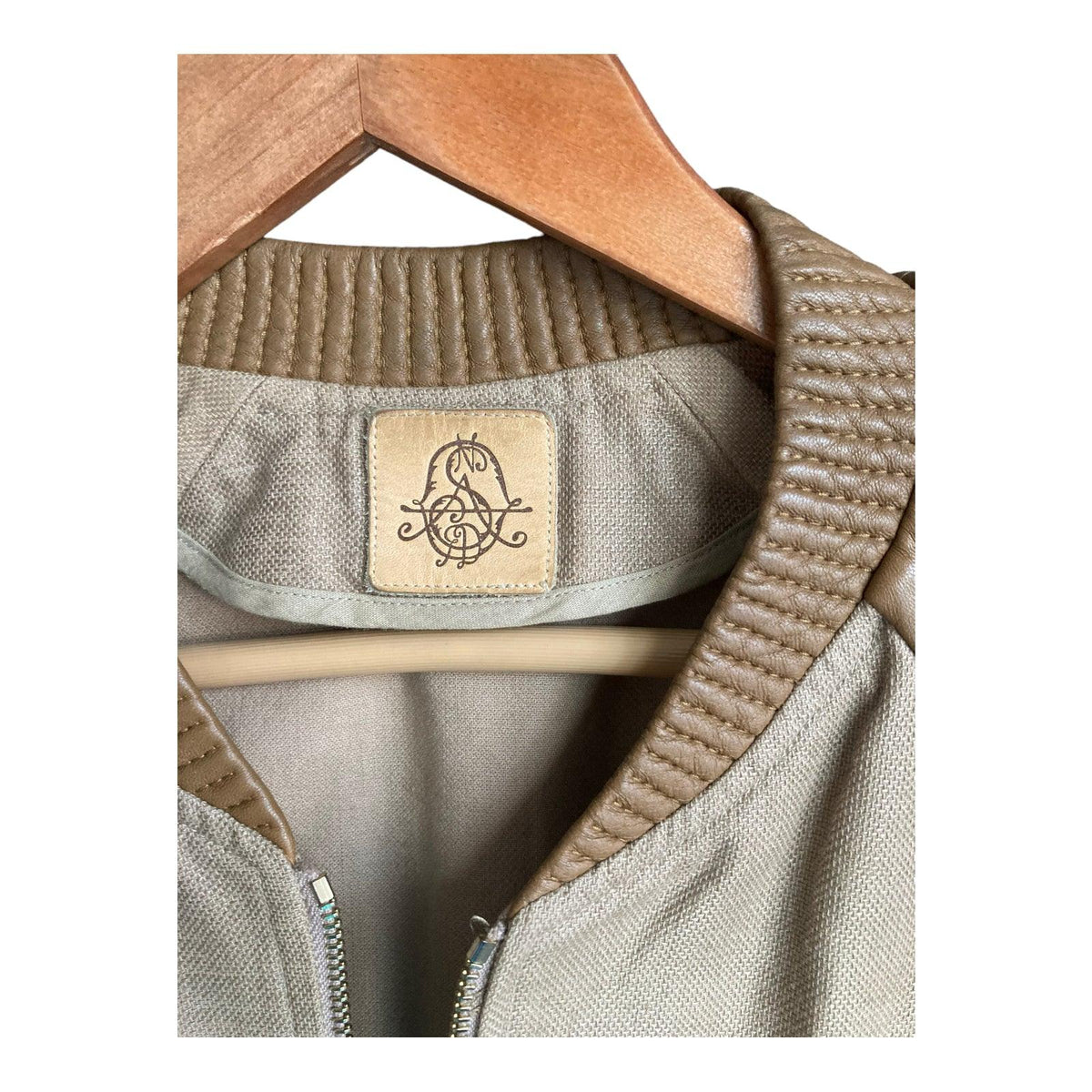 Sandro Leather & Cotton Taupe Jacket UK Size 12 - Ava & Iva