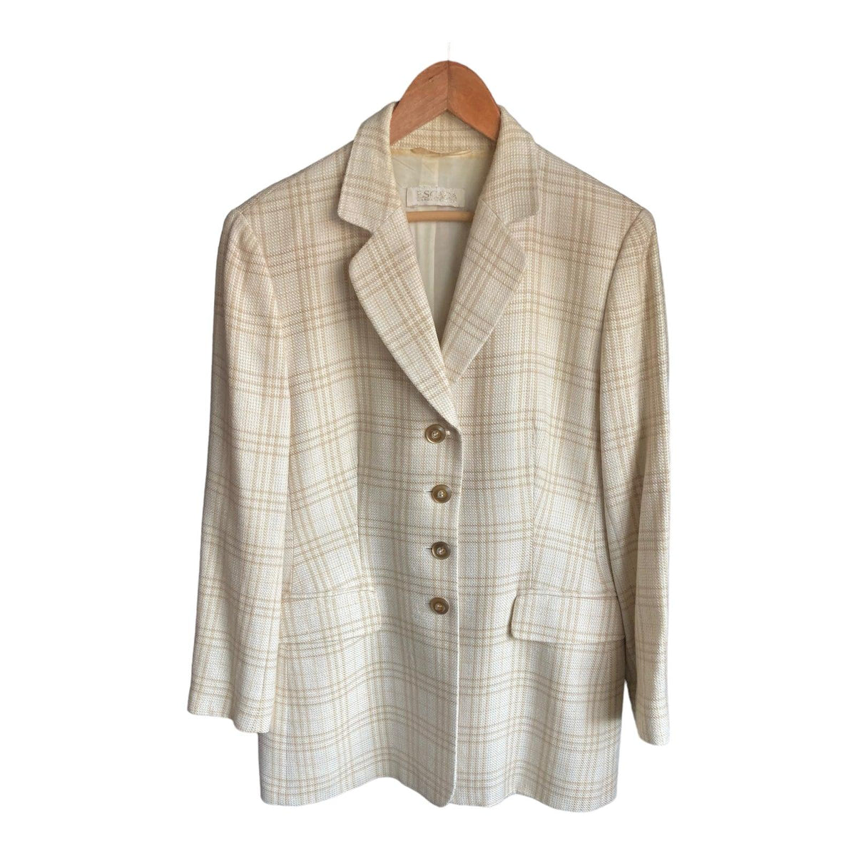 Escada Wool Blend Cream Checked Long Sleeved Jacket UK Size 16 - Ava & Iva
