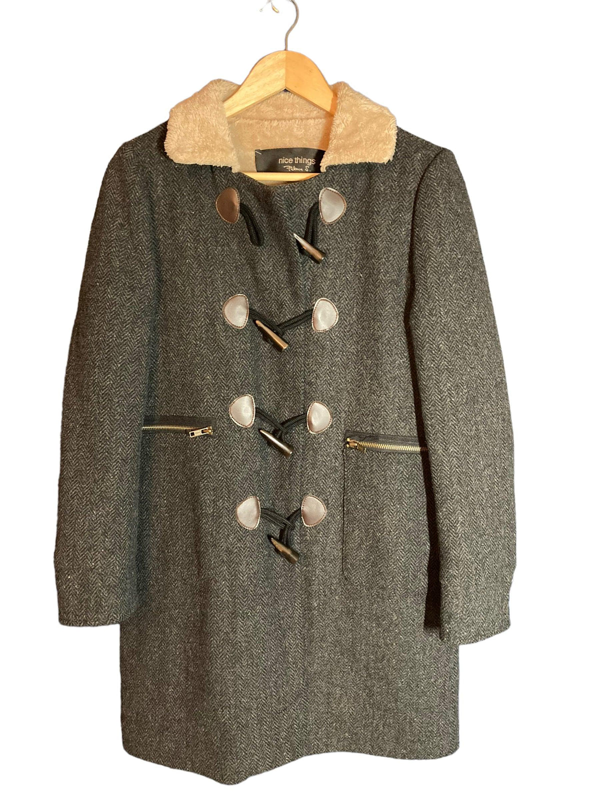 Nice Things Wool Grey Herringbone Long Sleeved Coat UK Size 8 - Ava & Iva