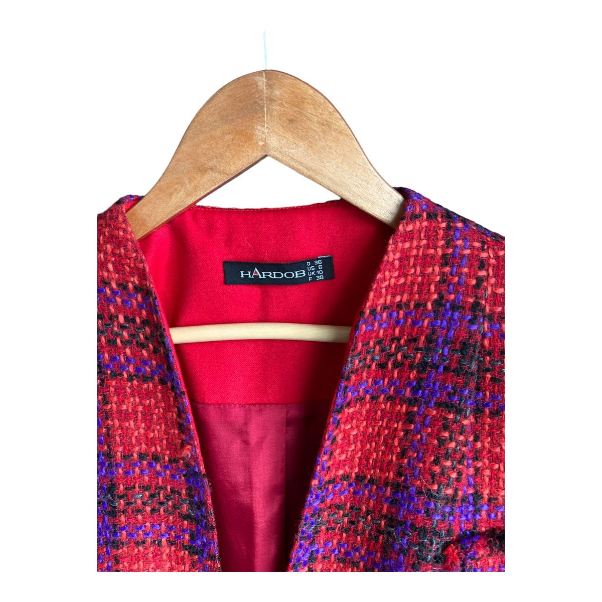 Hardob Wool Blend Red Multi-Coloured Long Sleeved Jacket UK Size 10 - Ava & Iva