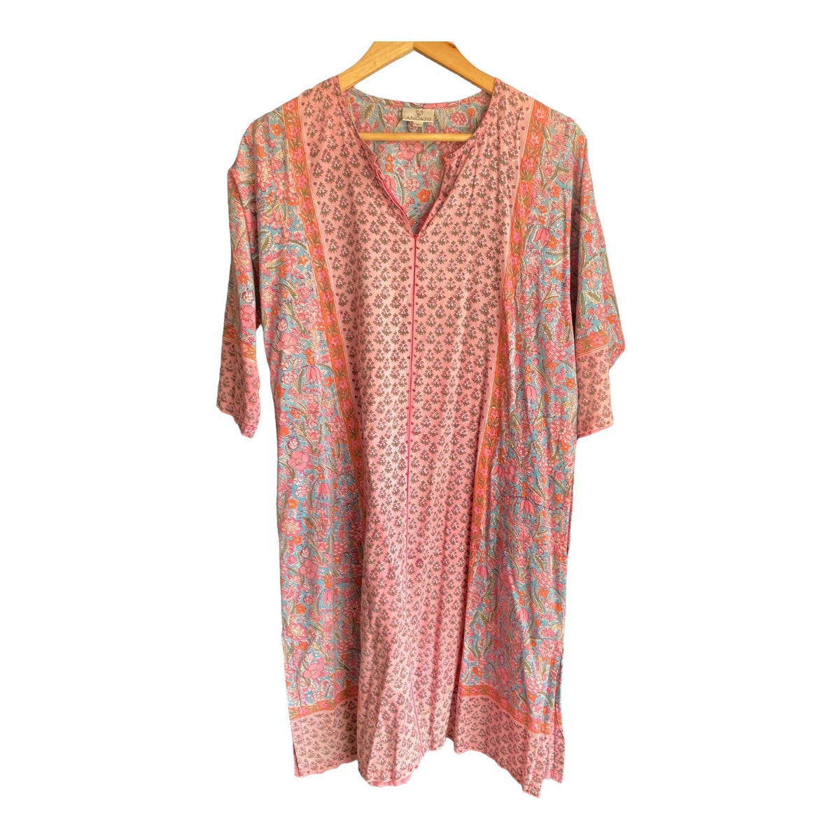 Anokhi Cotton Pink And Blue Patterned Long Sleeved Dress UK Size Large - Ava & Iva