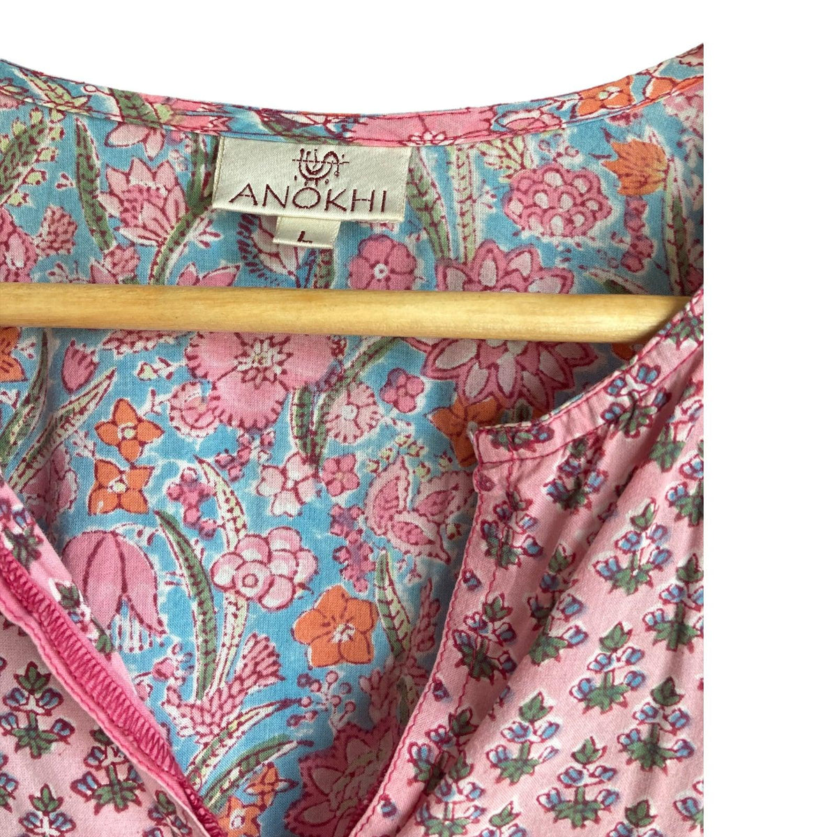 Anokhi Cotton Pink And Blue Patterned Long Sleeved Dress UK Size Large - Ava & Iva