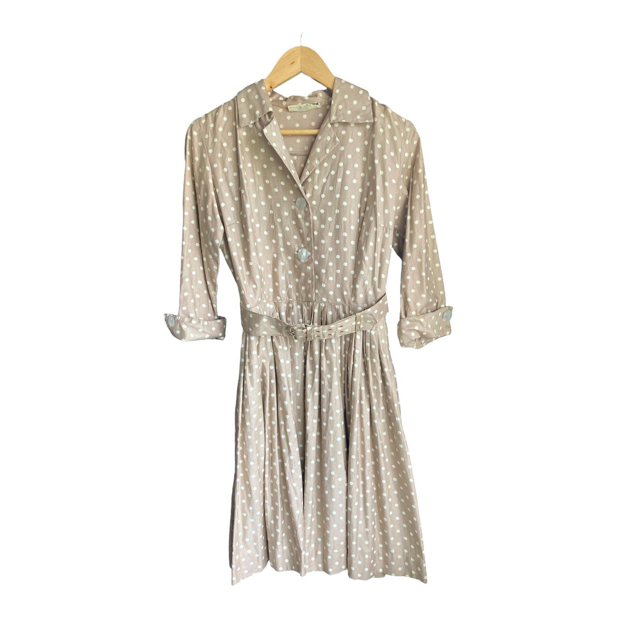 Rofashion Cotton Beige And Cream Polka Dot 3/4 Sleeved Dress UK Size 10 - Ava & Iva