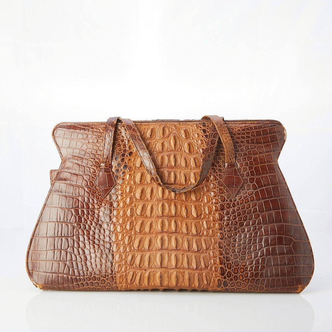Vintage Genuine Crocodile Brown Large Fixed Handle Bag - Ava & Iva