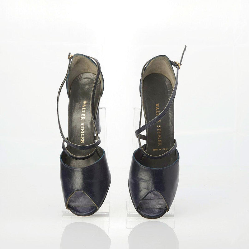 Walter Steiger Vintage Leather Navy Peep toe Strappy Shoe Uk Size 3. - Ava & Iva