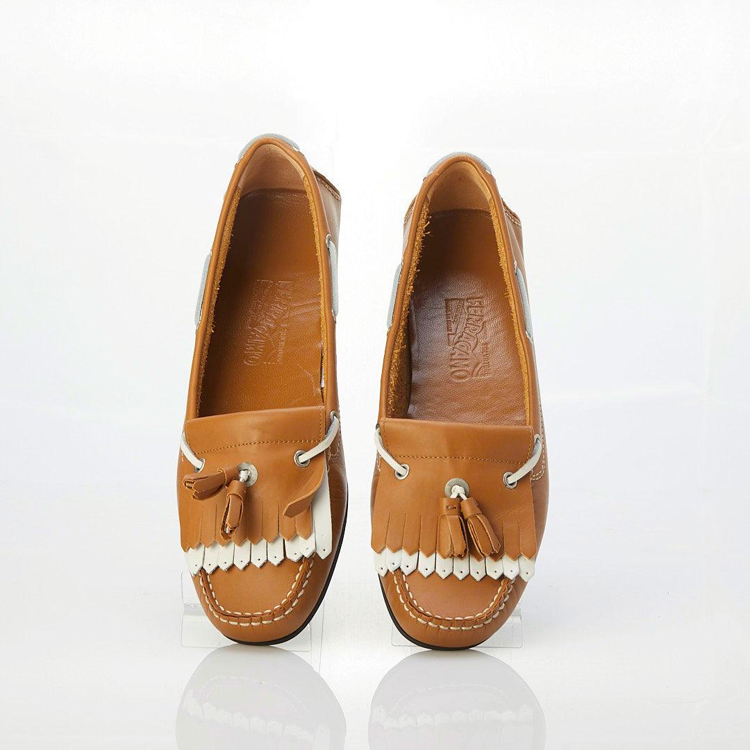 Salvatore Ferragamo Atina 2 Leather Tan Flat Moccasin Style UK Size 7.5. - Ava & Iva