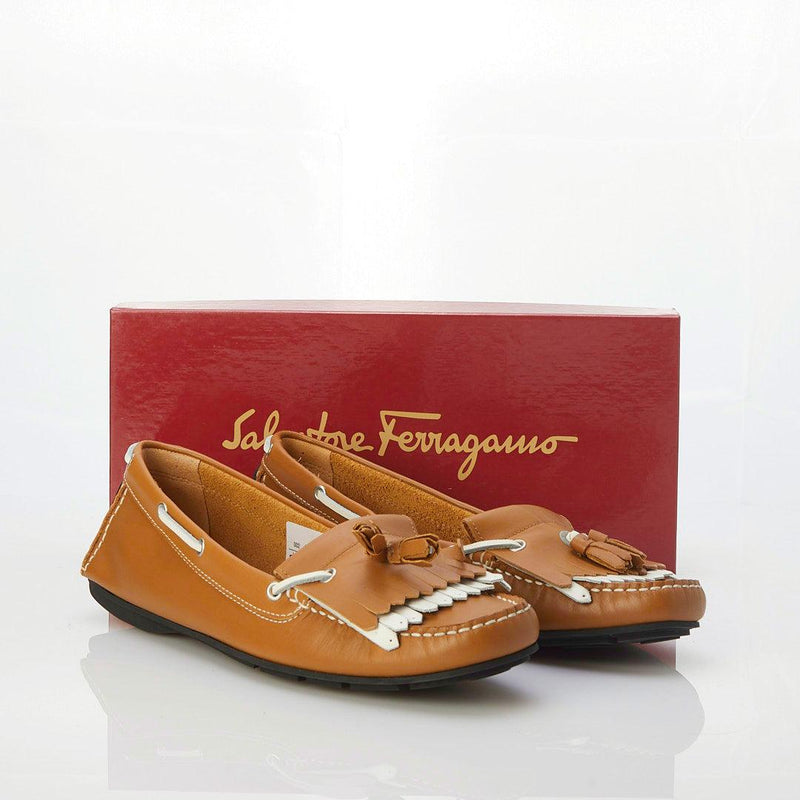 Salvatore Ferragamo Atina 2 Leather Tan Flat Moccasin Style UK Size 7.5. - Ava & Iva