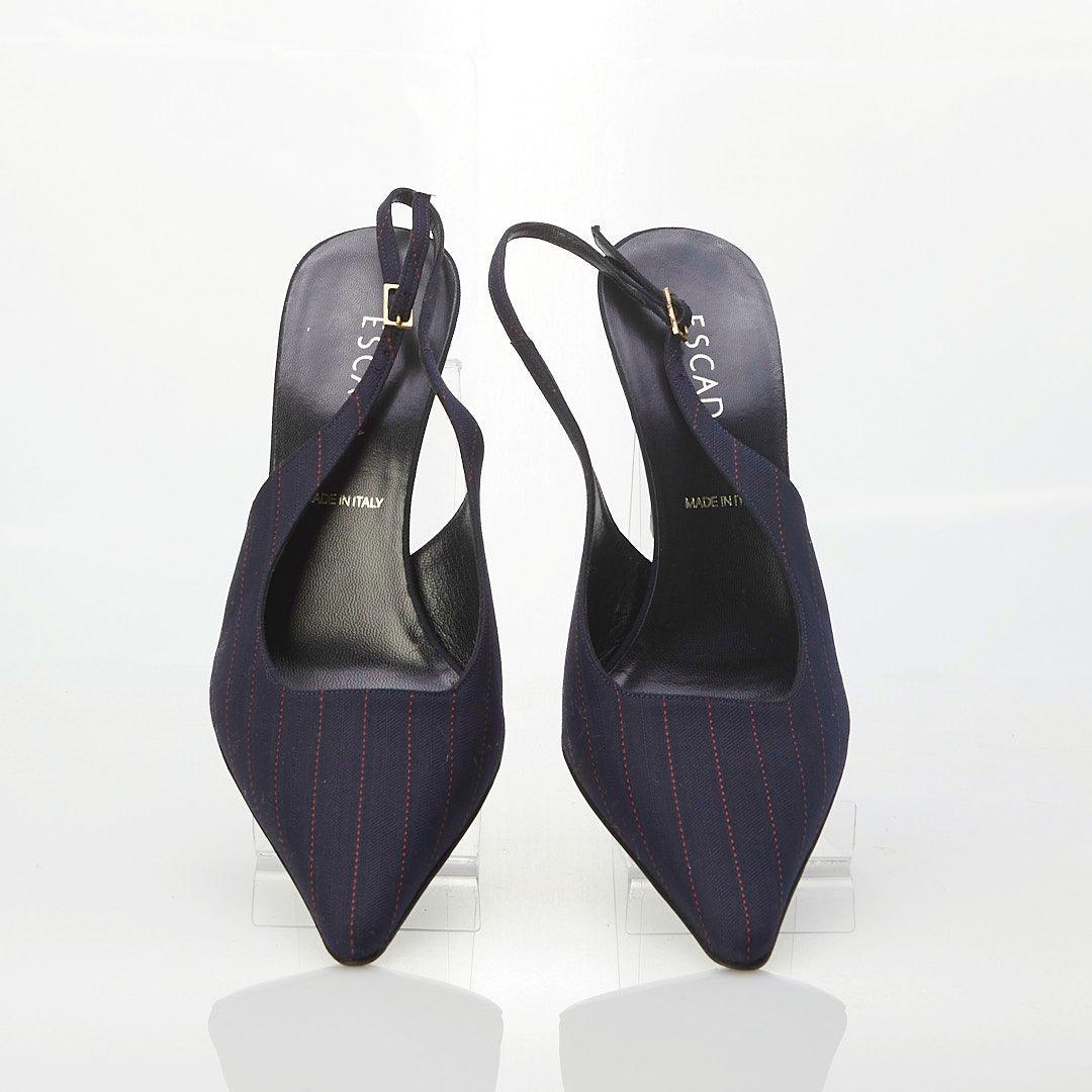 Escada Wool Navy & Red Pinstripe Slingback Shoe UK Size 8 - Ava & Iva