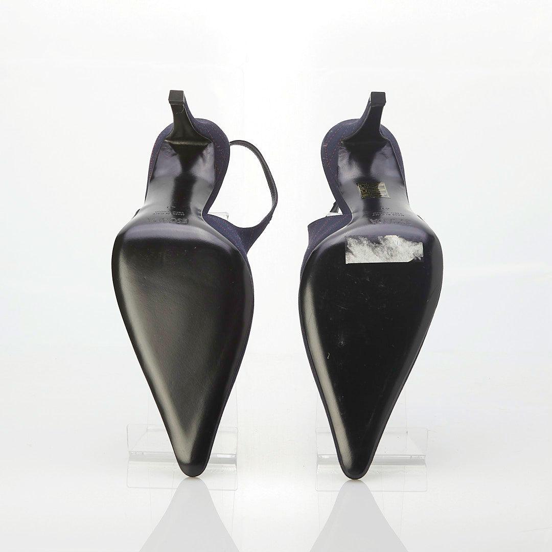 Escada Wool Navy & Red Pinstripe Slingback Shoe UK Size 8 - Ava & Iva