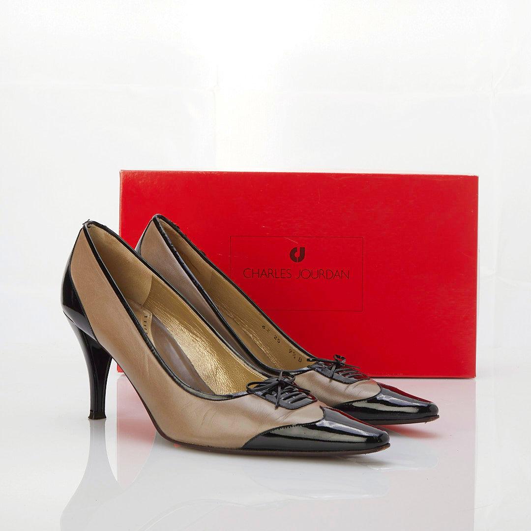 Charles Jordan Paris Patent Leather Taupe & Black Shoe UK Size 9.5 - Ava & Iva