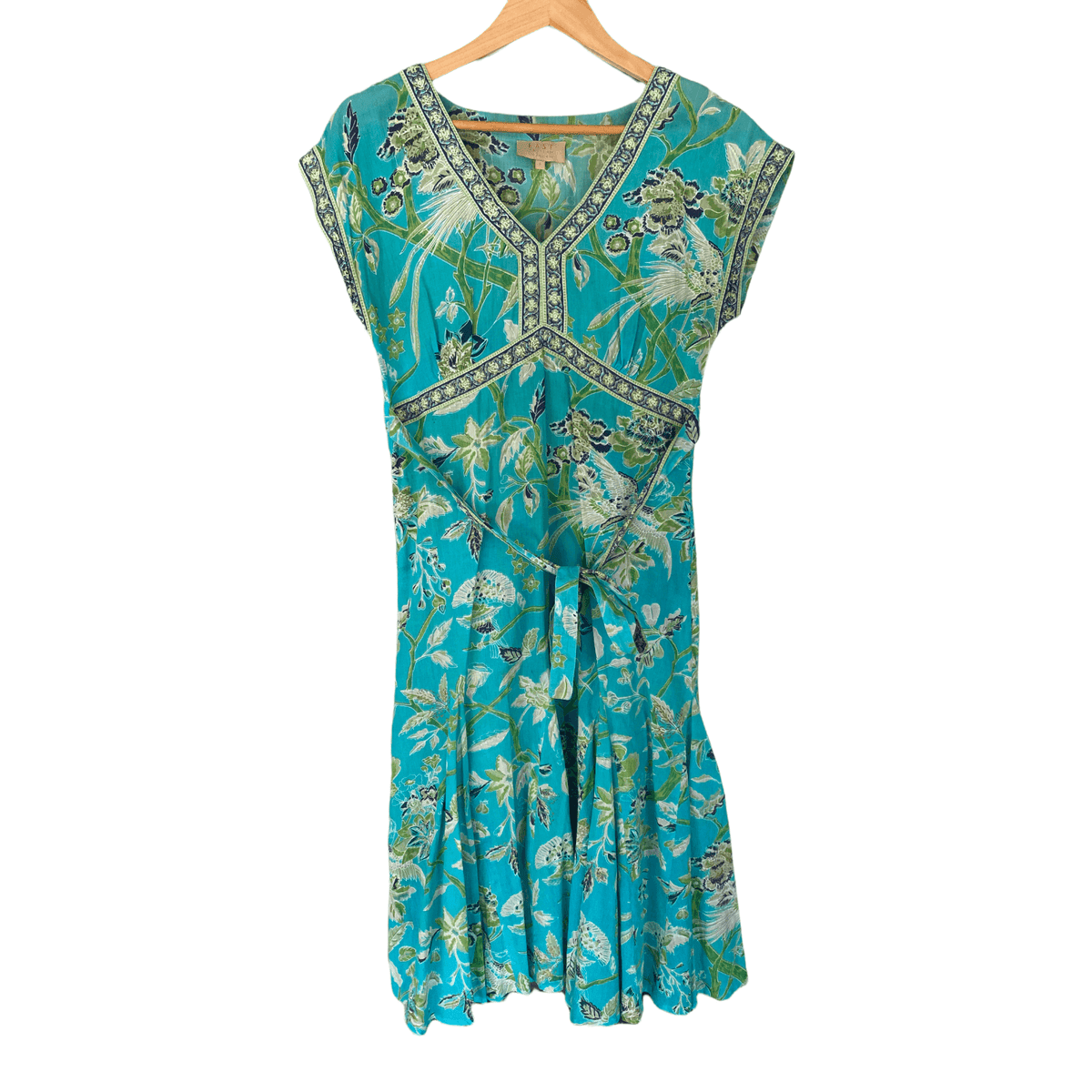 East Artisan with Anokhi 100% Cotton Cap Sleeve Dress Blue and Green Print UK Size 8 - Ava & Iva