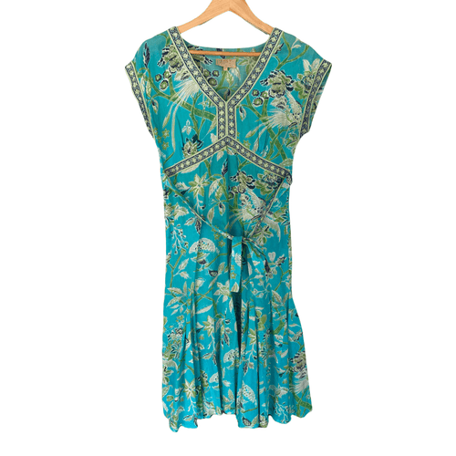 East Artisan with Anokhi 100% Cotton Cap Sleeve Dress Blue and Green Print UK Size 8 - Ava & Iva