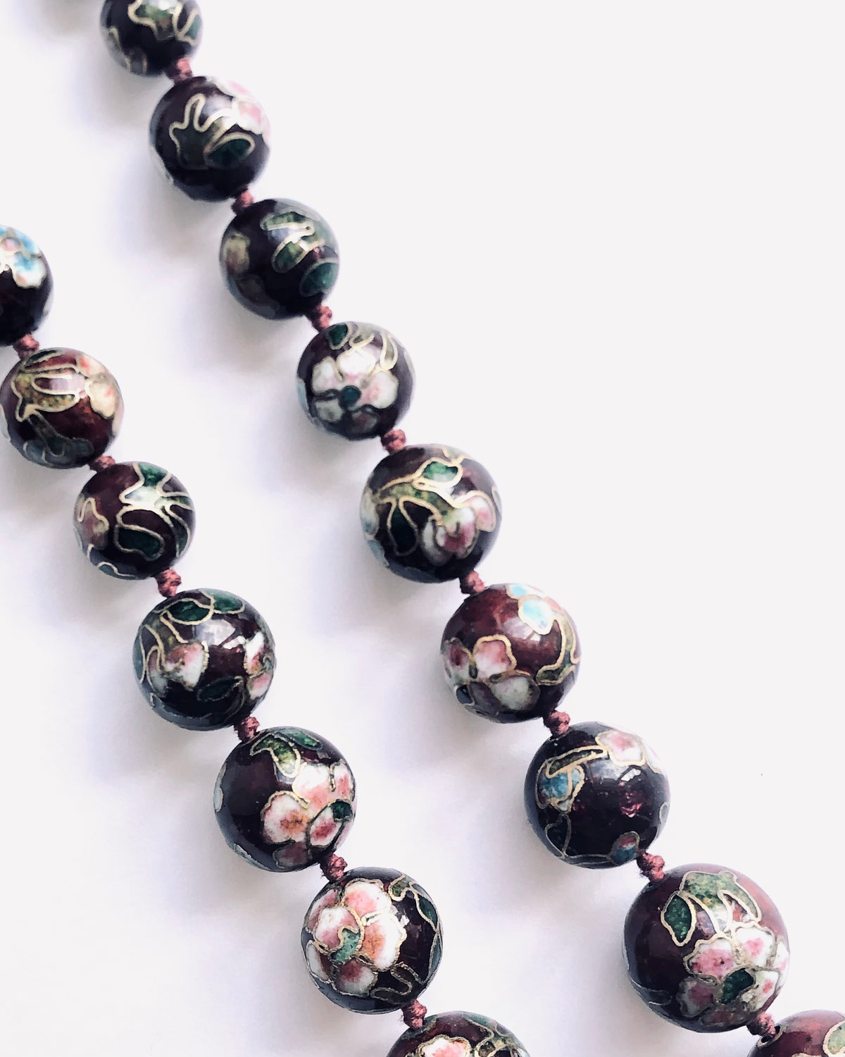 Vintage Hand Knotted Cloisonné Burgundy Red Multi Painted Enamel Bead Single Strand Necklace - Ava & Iva