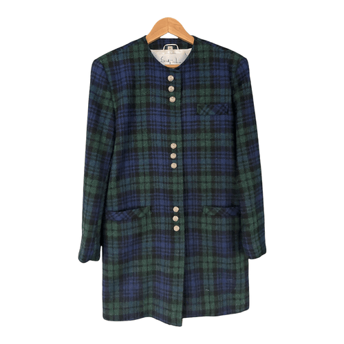 Betty Davies Harris Tweed Coat Green and Beue Tartan UK Size 14 - Ava & Iva