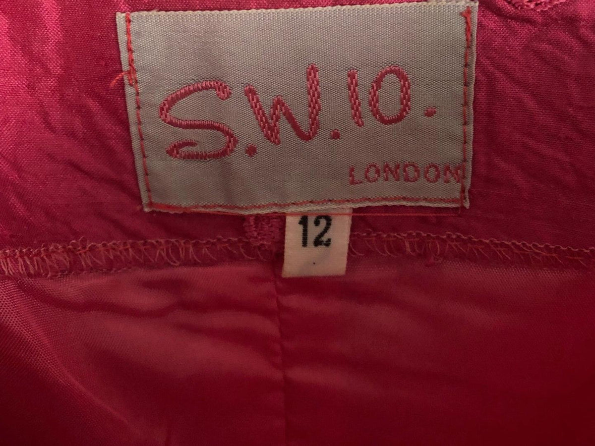 S.W.10 London Vintage 100% Raw Silk Embroidered Strapless Sleeveless Midi Cocktail Dress Pink Circle Print UK Size 10 - Ava & Iva