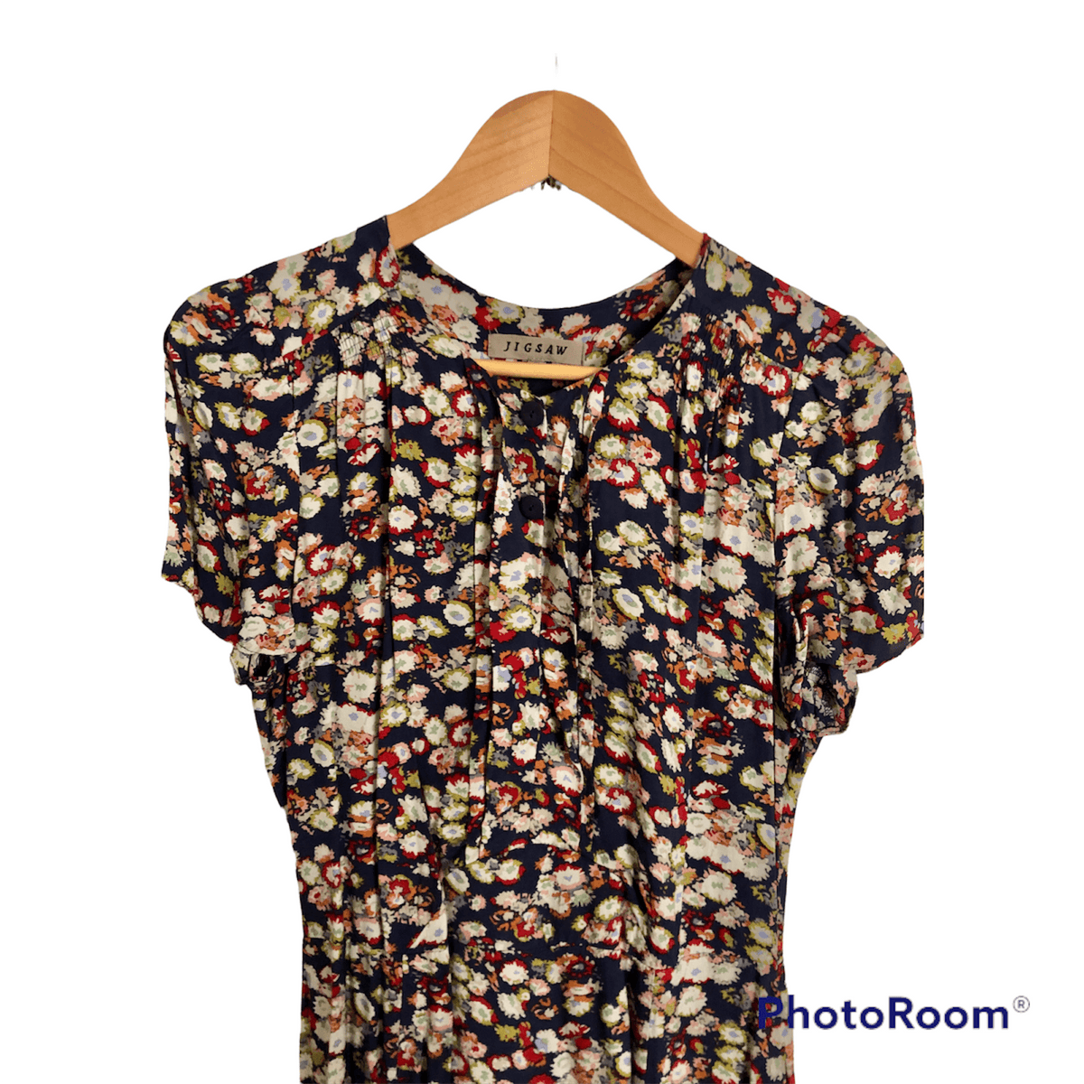 Jigsaw 100% Viscose Short Sleeve Summer Dress Navy Blue / Multicoloured Floral Print UK Size 10 - Ava & Iva