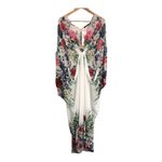 Vintage Designer Genese of London Polyester Sleeveless Kimono Kaftan Maxi Dress White Floral Print w/ Swarovski Bead Embellishments & Tie Belt UK Size S/M - Ava & Iva