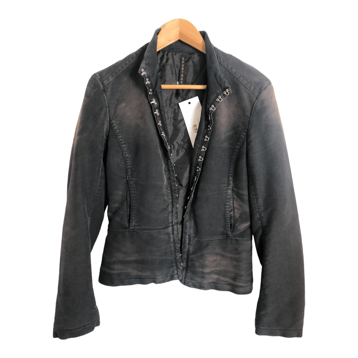 Sportmax Code Distressed Faded Grey 100% Cotton Denim Biker Jacket UK Size 8 - Ava & Iva