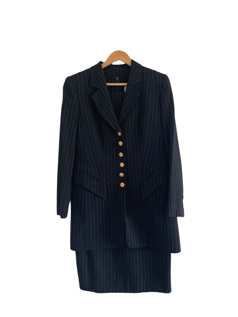 Rena Lange Wool Pinstripe Dress and Long Jacket Navy UK Size Medium - Ava & Iva