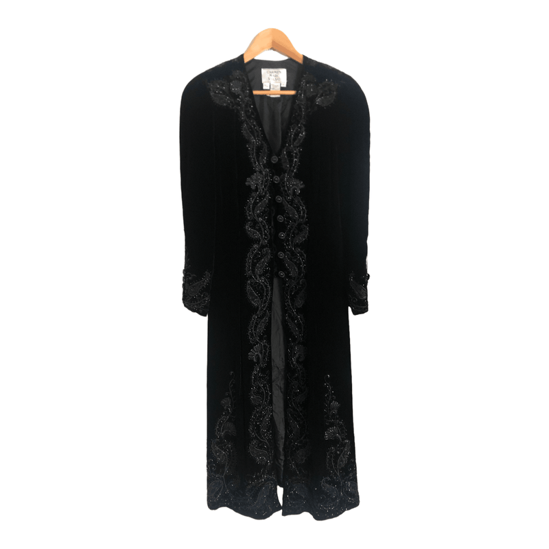 Carmen Marc Valvo Silk Velvet Long Sleeved Maxi Dress Coat Black Embroidered Embellished UK Size 10 - Ava & Iva