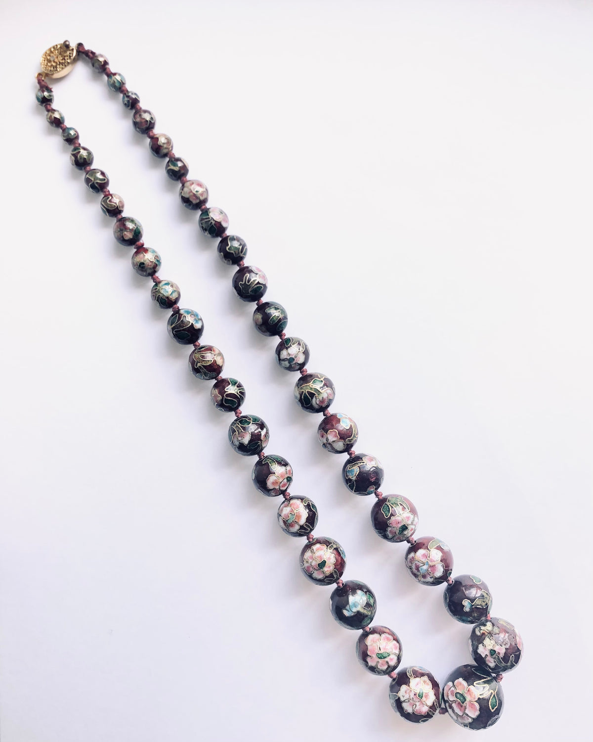 Vintage Hand Knotted Cloisonné Burgundy Red Multi Painted Enamel Bead Single Strand Necklace - Ava & Iva