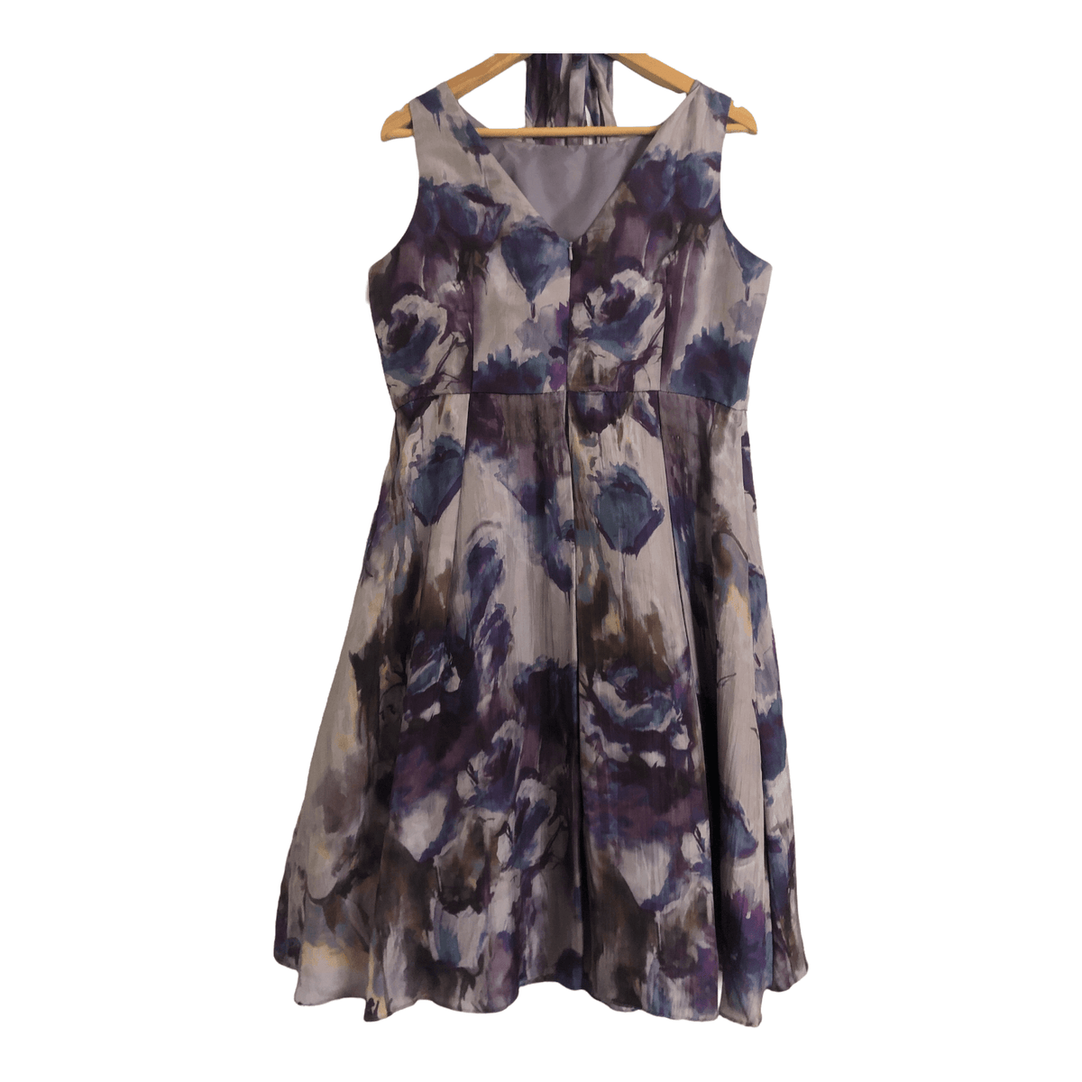 John Lewis 100% Silk Sleeveless Dress Purple / Multi Floral Print UK Size 16 - Ava & Iva