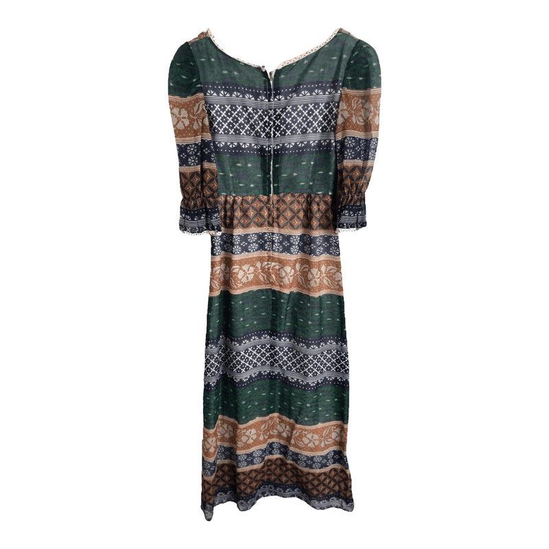 Vintage 70s Unbranded Cotton Puff Half Sleeve Maxi Dress Blue Green Multi Block Print UK Size 10 - Ava & Iva