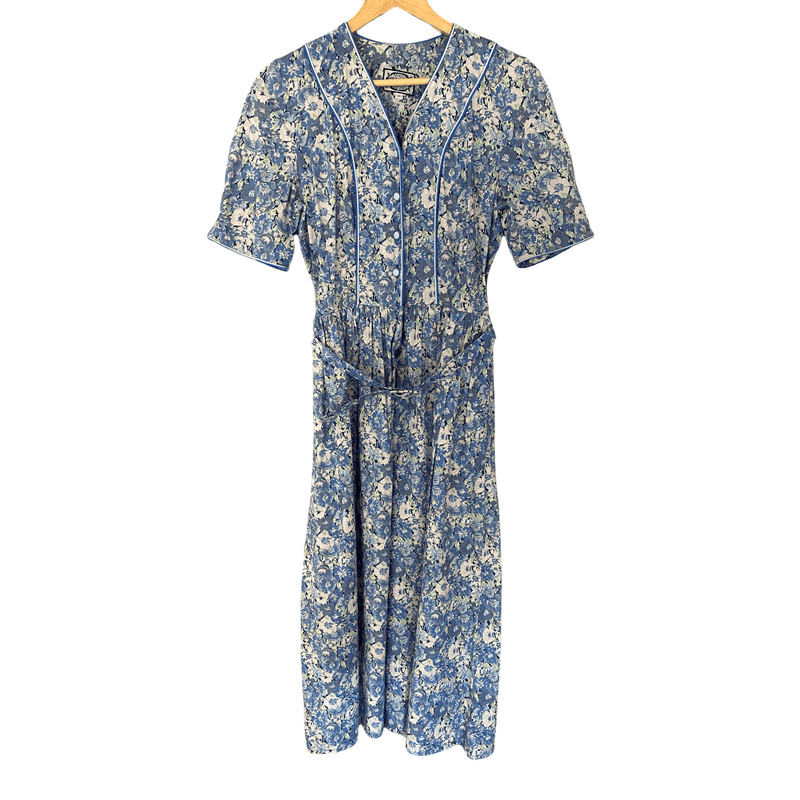 Marion Donaldson Vintage Cotton Short Sleeve Dress Blue Floral Print UK Size 10 - Ava & Iva