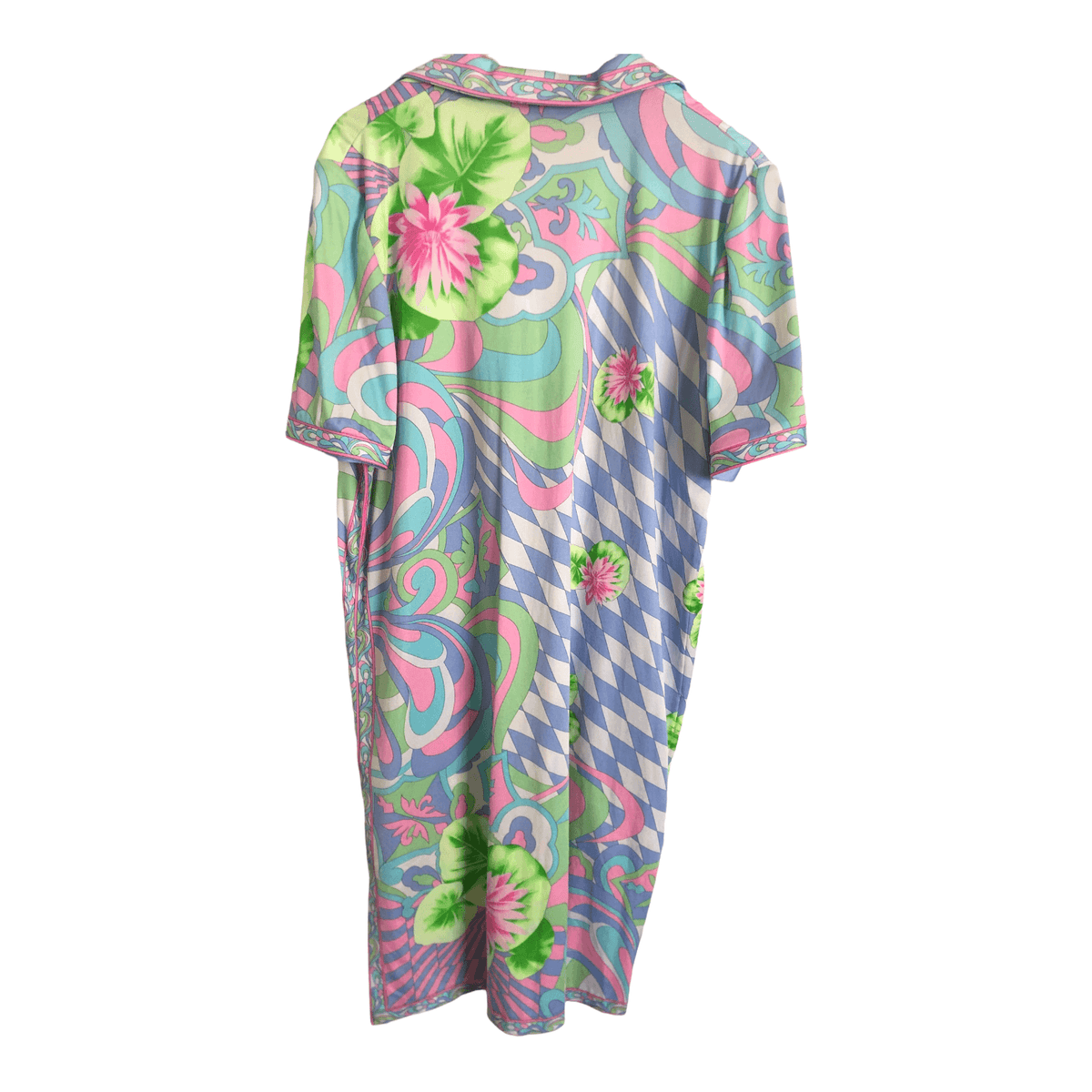 Botto Vintage Stretch Jersey Short Sleeve Midi Shirt Dress in Pink Blue Multi Floral Geometric Print UK Size 18 - Ava & Iva