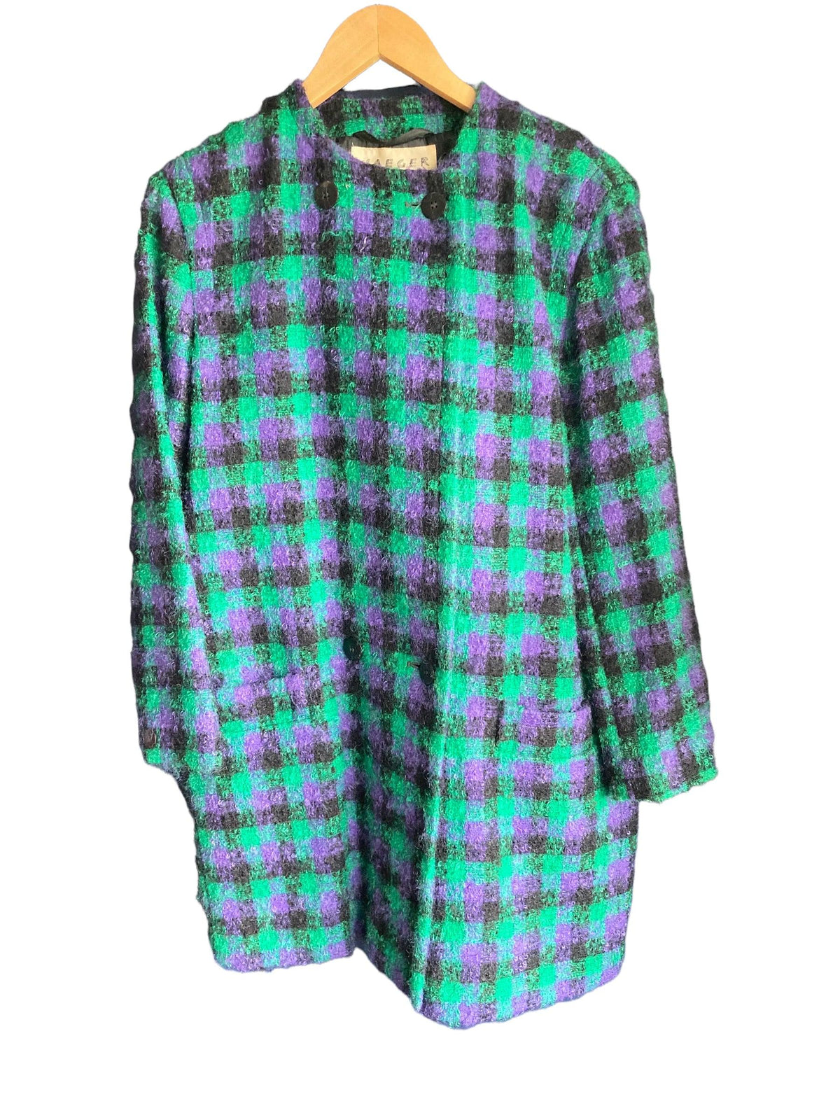 Jaeger Wool Green Black & Purple Checked Long Sleeved Coat UK Size 12 - Ava & Iva