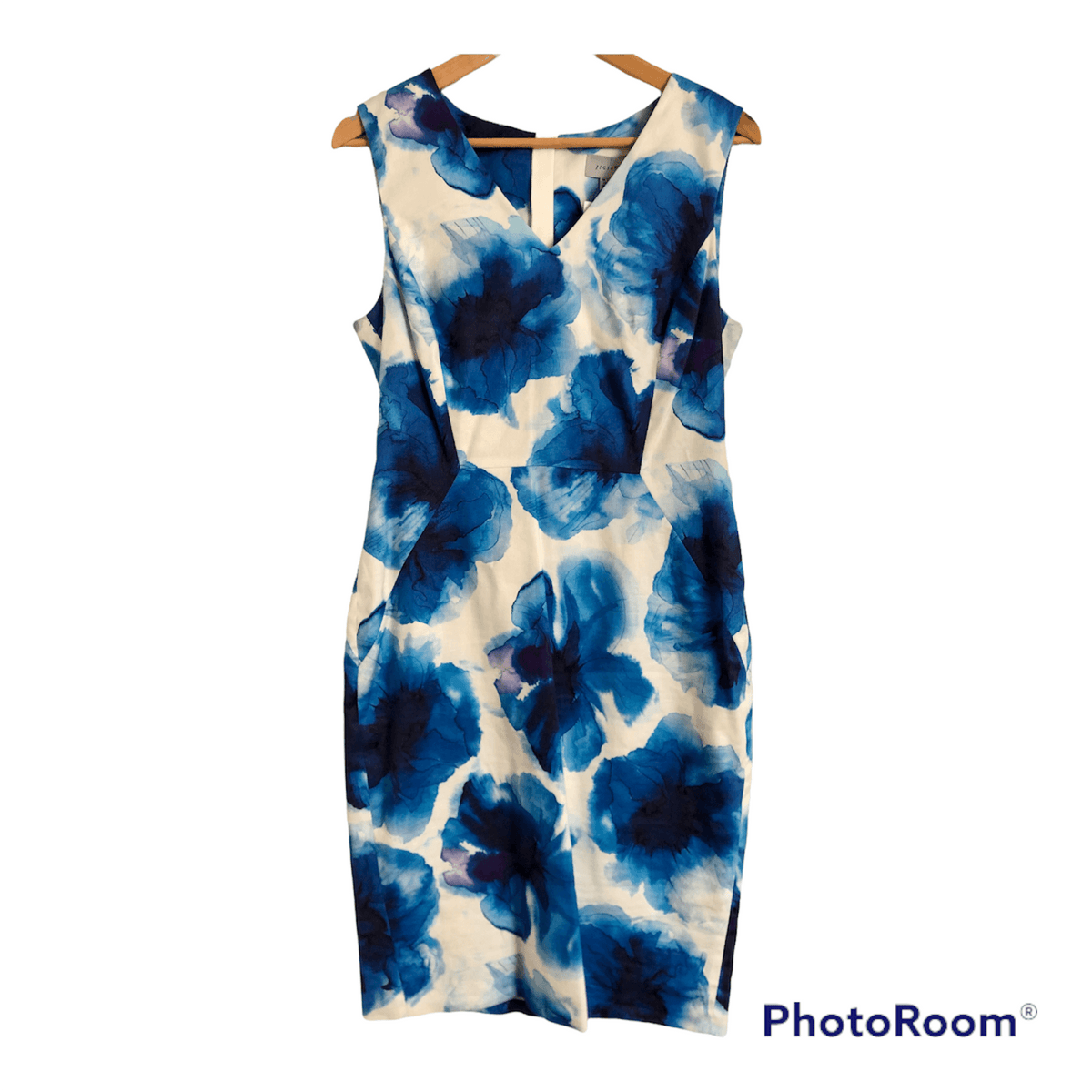 Jigsaw Linen/Cotton Sleeveless Shift Dress Blue & White Floral Print UK Size 12 - Ava & Iva