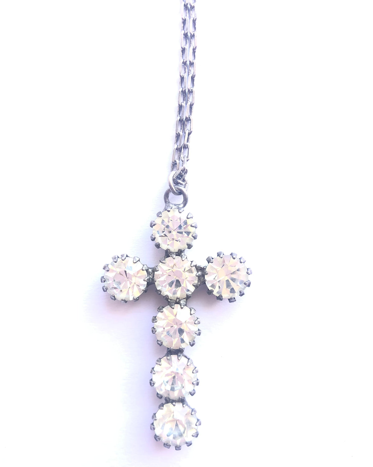 Vintage Chrome Silver Tone Chain Necklace w/ Diamante Cut Zirconia Stone Cross Pendant - Ava & Iva
