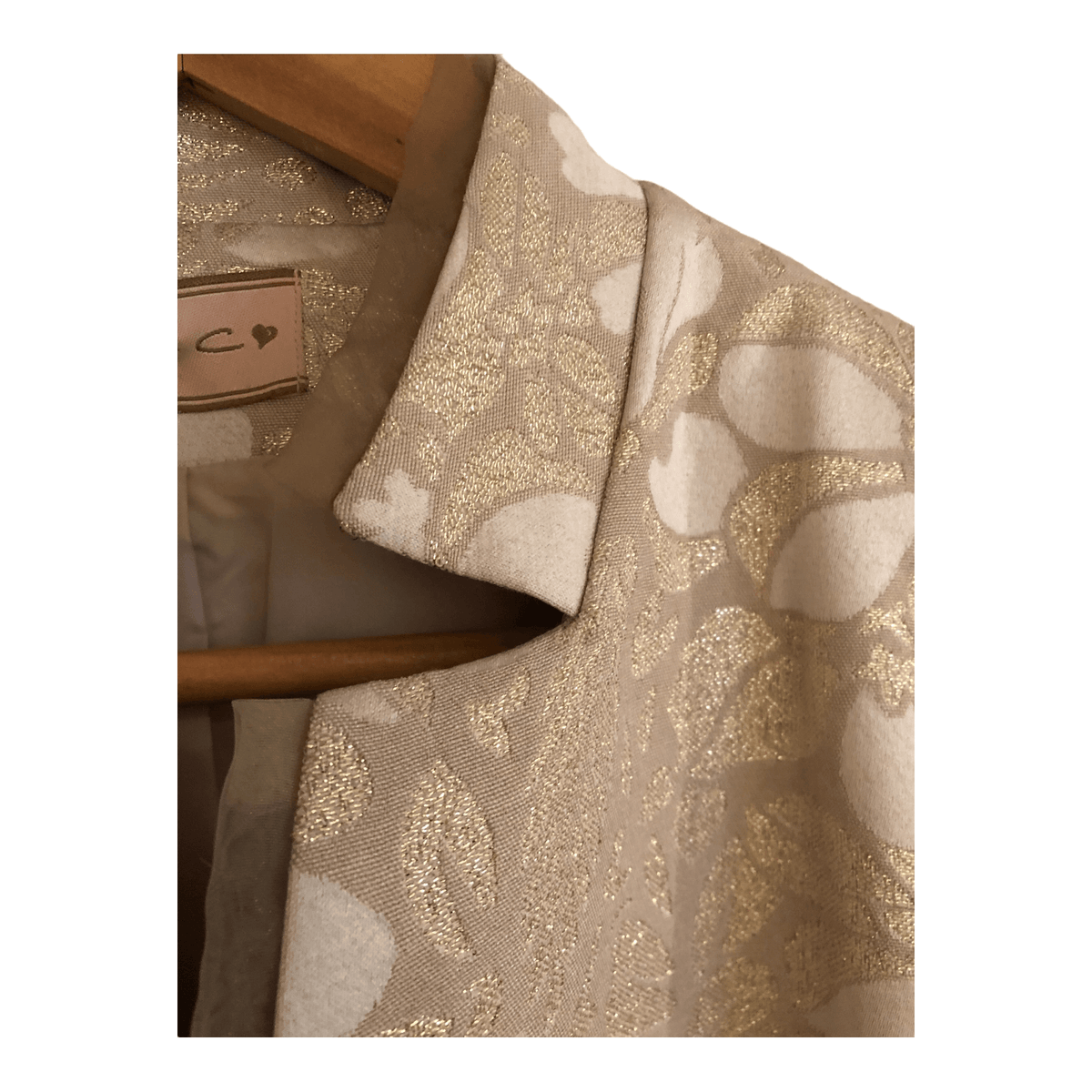 Kathryn C Brocade Jacquard Long Sleeve Evening Coat Jacket Metallic Gold Cream UK Size 16 - Ava & Iva