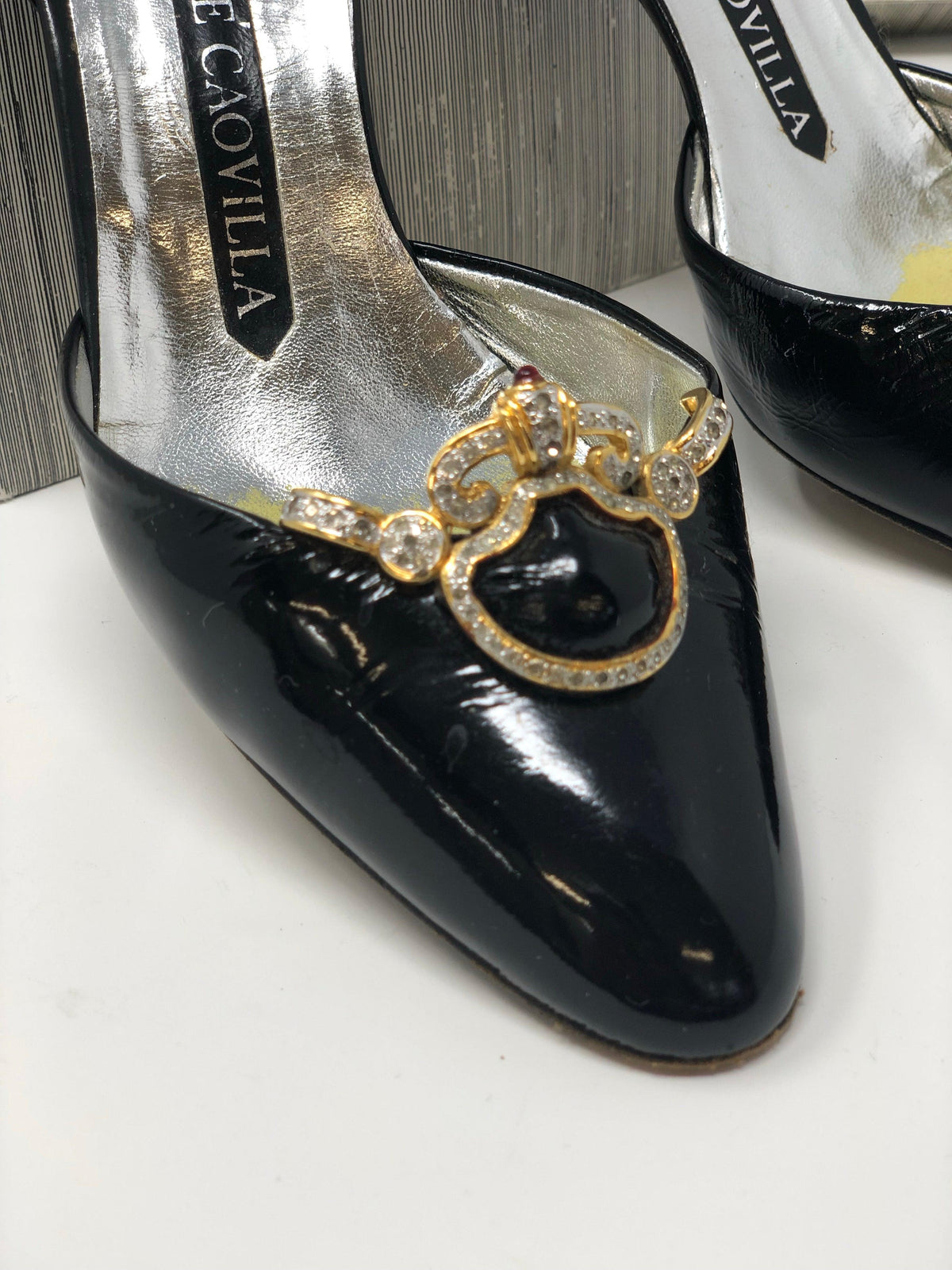 Rene Caovilla Black Patent Leather Heels with Gold Diamante Detail Size 5.5 (UK3.5) - Ava & Iva
