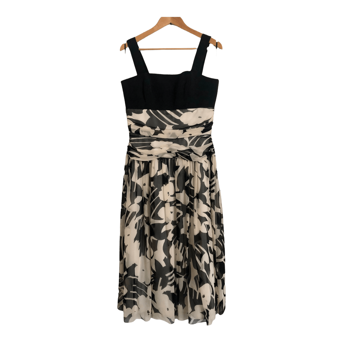 Roland Klein Sleeveless Empire Dress Black / Cream Floral Print UK Size 14 - Ava & Iva